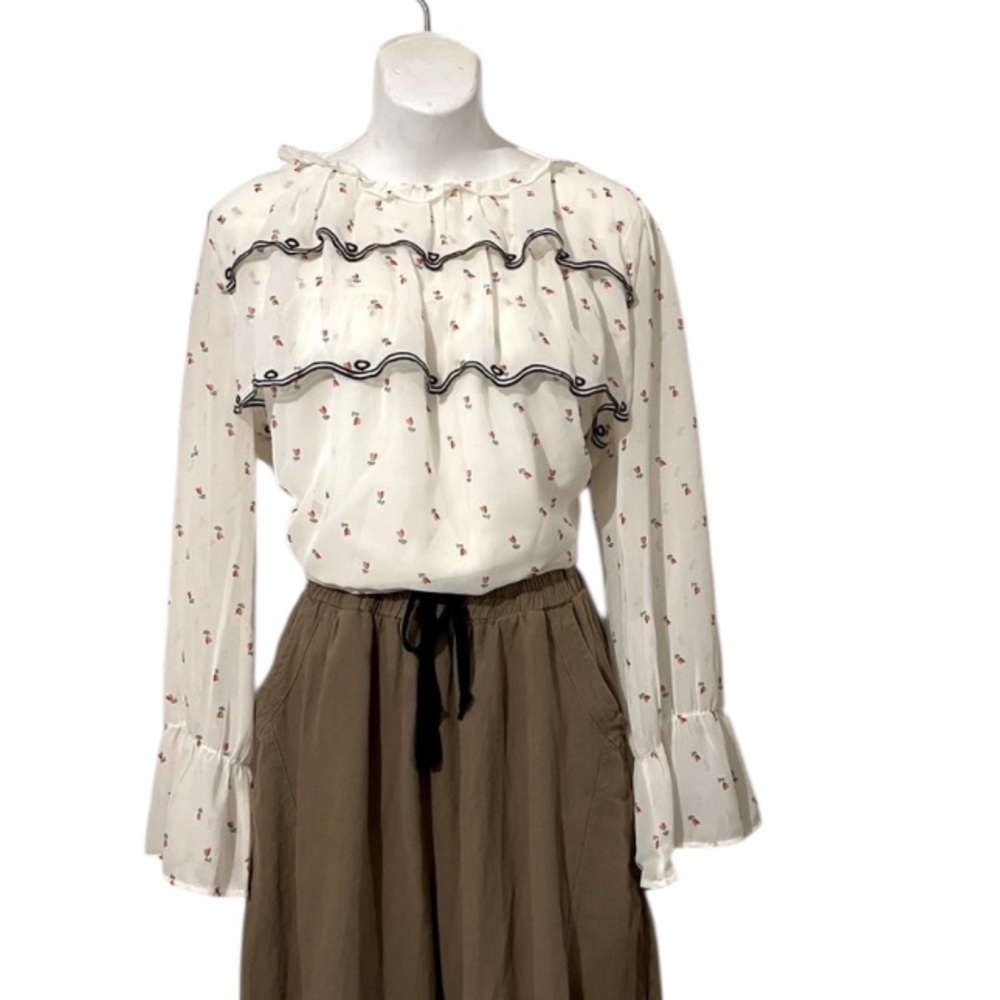 LOFT Long Puffy Sleeve Flowy Front Ruffle Sheer Cream Red Peasant Blouse L